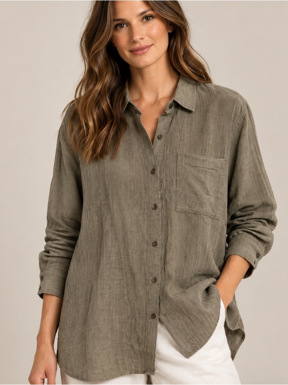 NWT Eileen Fisher Classic Collar Organic Linen Shirt Branch Large